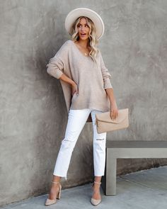 Demetra Ribbed Knit Sweater - Taupe – InsStreet Mini Necklace, California Casual, Pointed Heels, Ribbed Knit Sweater, Winter Sweaters, Suede Heels, Distressed Denim, Pullover Sweaters, White Jeans