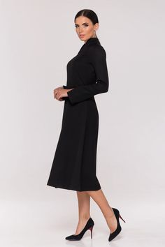 Cocktail Long Sleeve Black Women's Dress Fit and Flare - Etsy Collar Dresses For Women, Black Wedding Guest Dresses, Stand Collar Dress, Collar Dresses, Black Collared Dress, Structured Dress, Office Dresses For Women, Dress Stand, Tuxedo Dress