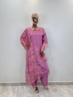 Salwar Kameez Set/Dresses For Women/Indian Wedding Dress/Pakistani Suit/ Kurta Palazzo Set / Kurtis for Women/ Silk Kurta Set Item Details Lavender embroidered Kurta with Trousers with dupatta Kurta design: Solid embroidered Thread Work  Straight shape Regular style * Round neck, three-quarter regular sleeves * l pockets Thread Work detail Calf length length with straight hem Silk blend machine weave fabric Trousers design: * Solid Trousers * Partially elasticated waistband Slip-on closure Material Silk Blend Hand Wash items includes One piece Kurta One piece Dupatta One piece Trouser Note:- Please see the size chart in the image to choose a perfect size. Please feel free to ask any questions regarding this item WE ALSO ACCEPT CUSTOMISATION AS PER CUSTOMER REQUESTS. Dupatta Design, Wedding Dresses Pakistani, Dress Pakistani, Pakistani Suit, Kurta Design, Palazzo Set, Designer Kurtis, Silk Kurta, Weave Fabric