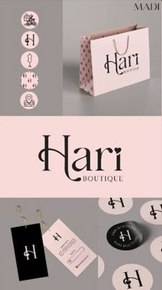 the logo for har boutique is shown on top of an assortment of stickers and tags