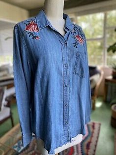 RAILS Ingrid Button Down Shirt Medium Chambray Rose Embroidery Size Medium  | eBay Bohemian Style Button-up Shirt With Floral Embroidery, Bohemian Button-up Shirt With Floral Embroidery, Blue Button-up Shirt With Floral Embroidery, Casual Embroidered Button-up Denim Top, Embroidered Denim Button-up Shirt, Fashion Design For Kids, Chambray Fabric, Rose Embroidery, Brands Outlet