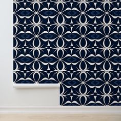 an abstract wallpaper design in navy blue and white, with circles on the back