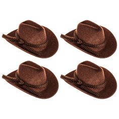 Rope 'em cowboy! Brown Flocked Cowboy Hats are flocked in surface texture with simple tie details and curved brims.  They are perfectly versatile, which means you can incorporate them into everything from paper projects and miniature projects to mixed media and even paintings. Go western in your crafty themes!       Dimensions:          Length: 2 1/16"       Width: 1 5/8"       Height: 3/4"         Package contains 4 pieces. Cowboy Centerpieces, Western Centerpieces, Mini Cowboy Hat, Cowboy Theme Party, Smith Wedding, Rodeo Party, Cowboy Baby Shower, Cowboy Birthday Party, Rodeo Birthday