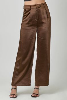 Mara Pants Introducing the Mara Pants, a luxurious addition to your wardrobe. These satin pants in rich chocolate are crafted for comfort and style. Elevate any outfit with their smooth, sophisticated finish and indulge in the ultimate indulgence of luxury fashion. Perfect for any occasion, the Mara Pants are a statement piece that exudes elegance and grace. Solid Silk Pants For Workwear, Brown Wide Leg Pants With Pockets For Formal Occasions, Chic Straight Leg Satin Bottoms, Chic Satin Straight Leg Bottoms, Elegant Brown Straight Leg Pants, Ankle-length Satin Pants For Formal Occasions, Formal Ankle-length Satin Pants, Chic Brown Bottoms For Evening, Chic Satin Wide Leg Pants In Solid Color