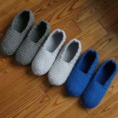 four crocheted slippers are lined up on the floor with text that reads, pure slippers crochet pattern for men