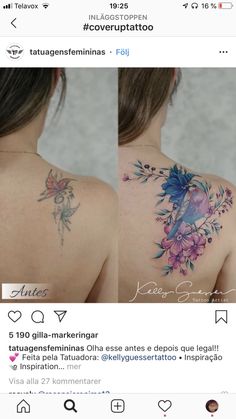 the back of a woman's shoulder with flowers on it