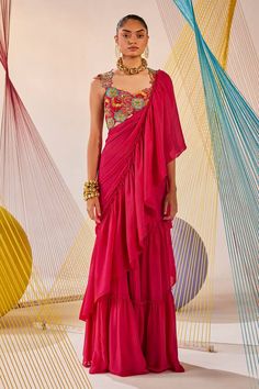 Rani pink pre-draped ruffle saree in chinon chiffon base. Comes with a raw silk padded blouse with resham and zardosi hand embroidery. - Aza Fashions Ruffle Sarees, Rani Pink, Ruffle Saree, Padded Blouse, Drape Saree, Blouse For Women, Pink Saree, Embroidered Blouse, Raw Silk