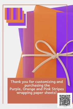 an orange and purple gift box with a ribbon tied around it, in front of the words thank you for customizing and purchasing