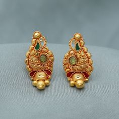 Temple Jewelry Earrings As Gift, Green Temple Jewelry Earrings For Anniversary, Anniversary Temple Jewelry Earrings With Elegant Design, Classic Bridal Earrings With Intricate Design As Gift, Gold Jwellary, Daily Earrings, 22k Gold Earrings, Jewelry Traditional, New Saree Designs