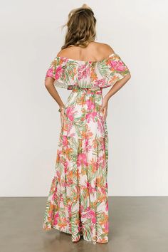 Feel tropical with our maxi that comes in a green and pink print. The flowing chiffon material is perfect for your next vacay! Tropical Print Maxi Dress For Garden Party, Flowy Tropical Maxi Dress For Garden Party, Flowy Tropical Print Maxi Dress, Pink Off-shoulder Maxi Dress For Garden Party, Flowy Tropical Print Maxi Dress For Garden Party, Pink Floral Print Maxi Skirt For Vacation, Pink Hibiscus Print Dress For Vacation, Pink Hibiscus Print Vacation Dress, Tropical Off-shoulder Dress For Vacation