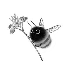 a black and white drawing of a bee sitting on a plant with its eyes open