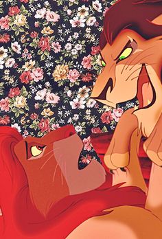 the lion and the lamb are facing each other in front of a floral wallpaper