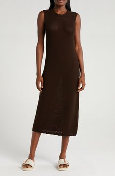 Airy open stitching brings breezy charm to this longline sweater-dress. 43" length (size Medium) Crewneck Unlined Sleeveless 70% viscose, 30% polyester Dry clean Imported Chocolate Brown Dress, Longline Sweater, Brown Dress, Nordstrom Dresses, Long A Line, Chocolate Brown, Sleeveless Dress, Sweater Dress, Stitching