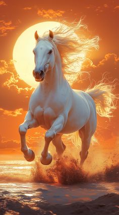 a white horse is galloping through the water with its hair blowing in the wind