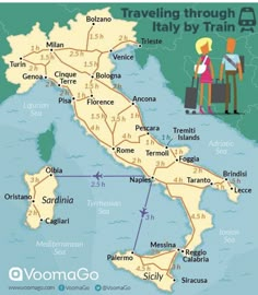 a map with people standing on top of it and the words traveling through italy by train