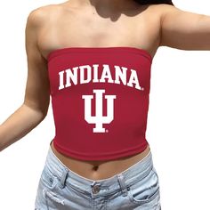 This super flattering Indiana Hoosiers Crimson Tube Top is perfect for college game day paired with our Indiana Game Day Skirt! Our Indiana University Crimson Tube Top's stretchy and soft fabric makes it the perfect option for all body types. Go Hoosiers! One Size Fits Most. 88% Micropoly, 12% Spandex. Sublimated Design. Stretchy & soft fabric designed for all day use & long lasting quality. Machine wash on cold. Officially Licensed by Lo + Jo Bands. School Spirit Stretch Tops For Cheerleading, Stretch Tops With School Spirit For Summer, Collegiate Style Fitted Tops For Spring, Spring School Spirit Stretch Tops, Sporty Stretch Tops For Cheerleading, Stretch Sporty Tops For Cheerleading, Fitted Sleeveless Team Spirit Tops, Fitted Sleeveless Top For Team Spirit, Stretch Summer Tops For College