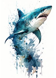 a painting of a shark with watercolor splashes on it's face and mouth