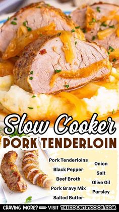 This Slow Cooker Pork Tenderloin is a simple but flavorful dinner recipe. No dry pork here! Just set it and forget it while it simmers away in a delicious gravy! Pork Medallion Recipes Slow Cooker, Crockpot Pork Tenderloin And Potatoes, Pork Tenderloin Recipes Crockpot, Pork Tenderloin Recipes In Crockpot Easy, Pork Stew Crockpot, Slow Cooker Pork Tenderloin Recipes, Tenderloin Recipes Pork, Pork Tenderloin Crockpot, Pork Tenderloin Recipes In Crockpot