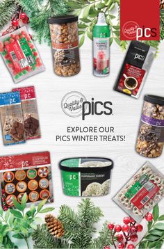 an advertisement for pc's winter treats is shown in the middle of a wreath