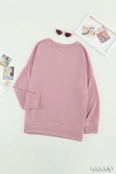 Lasaky - Pink Crew Neck Long Sleeve Sweatshirt Pink Crew Neck, Autumn Sleeve, Swimwear High Waisted, Bodycon Floral Dress, Corsets And Bustiers, Pink Crewneck, Pink Style, Sweater Dress Midi, Denim Coat Jacket