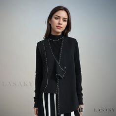 Lasaky - Dark Irregular Geometric Pattern Button Vest - Loose Fit Waistcoat Asymmetrical Fall Workwear Vest, Black Asymmetrical Vest For Fall, Loose Vest, Cardigan Outfits, Style Cardigan, Sleeveless Vest, Neck Pattern, Olivia Mark, Stripes Design