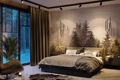 a bedroom with a large painting on the wall