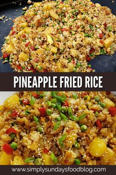 pineapple fried rice in a pan with the words pineapple fried rice above it