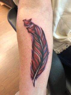 a red and black feather tattoo on the arm