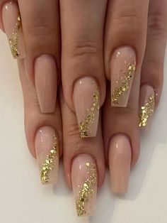 Multicolor  Collar   Blingbling Color Nails Embellished   Beauty Tools Coffin Press On Nails, Fake Nail, Girls Nails, Prom Nails, Bling Nails, Nail Accessories, Gold Nails