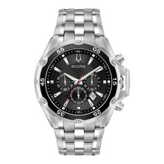 This timeless men's stainless steel chronograph watch by Bulova is a handsome choice. This timeless men's stainless steel chronograph watch by Bulova is a handsome choice. FEATURES Calendar ChronographDISPLAY Dial color: matte black Face cover material: mineral crystal Luminescence: hands & hour markersCASE Material: stainless steel Diameter: 45 mmBAND Material: stainless steel Type: link bracelet Clasp: fold-over push-button deployment Circumference: adjusts from 140 mm to 230 mm Width: 26 mmDE Bulova Watches Women, Victorinox Watches, Bulova Watches, Big Watches, Automatic Watches For Men, Trending Products, Dress Watch, Watch Model, Stainless Steel Band