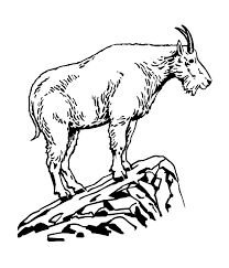 an ink drawing of a goat standing on top of a hill with mountains in the background