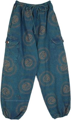 A pair of tropical bohemian handmade hippie print balloon style harem pants in one color.  These pants feature a mesmerizing hippie-inspired print and style that channels the free-spirited vibes of the 60s and 70s. #tlb #SplitSkirtsPants #bohemianfashion #Handmade #hippieharempants Bohemian Summer Harem Pants With Pockets, Bohemian Harem Pants With Pockets For Summer, Green Bohemian Relaxed Fit Harem Pants, Blue Boho Print Hippie Bottoms, Blue Hippie Bottoms With Boho Print, Hippie Blue Bottoms With Boho Print, Casual Boho Print Festival Pants, Casual Boho Print Pants For Festivals, Baggy Hippie Harem Pants With Pockets