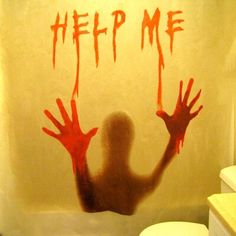 a shower curtain with the words help me painted on it and hands reaching out to someone's head