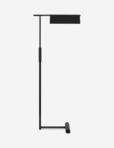 a black floor lamp on a white background with one light turned on and the other off