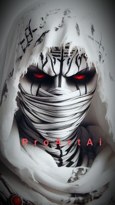 an image of a person wearing a white mask with red eyes and the words proaati on it