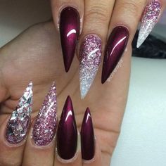 Stunning Designs for Stiletto Nails for a Daring New Look ★ See more: http://glaminati.com/stiletto-nails-designs/ Stiletto Shaped Nails, Glitter Stilettos, Maroon Nails, Stiletto Nail Art, Valentine Nails, Colorful Nails, Stiletto Nails Designs, Burgundy Nails, Nail Swag