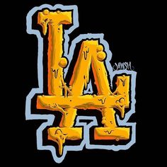 the los angeles dodgers logo is shown in yellow and blue on a black background with white letters