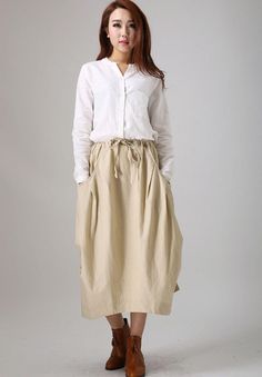 Custom Skirt, Midi Pleated Skirt, Long Linen Skirt, Skirt Linen, Drawstring Skirt, Tailored Clothes, Beige Skirt, Skirt Pockets, Handmade Skirts