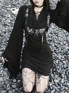 ❤︎ Dark lace -up V -neck Gothic A line dress❤︎ Taobao Brands, Harness Dress, Punk Dress, Short Hair Wigs, Gothic Dress, Dark Fashion, Lolita Dress, Lolita Fashion, Different Fabrics