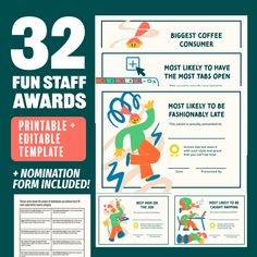 a poster with the words 32 fun staff awards and an image of a cartoon character