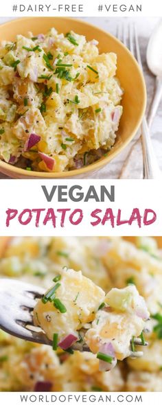 two pictures with different types of food in them and the words vegan potato salad on top