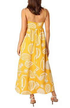 A bright tropical pattern puts a sunny spin on a maxi dress that's a breath of fresh air for your warm-weather wardrobe. Hidden back-zip closure Square neck Adjustable tie straps Lined 95% cotton, 5% linen Hand wash, line dry Imported Sleeveless Fruit Print Dress For Vacation, Casual Summer Dresses With Fruit Print, Printed Maxi Dress For Vacation Brunch, Beach Season Printed Maxi Dress For Brunch, Summer Beach Dress With Fruit Print, Tropical Printed Sundress For A Day Out, Summer Dress With Fruit Print For Day Out, Casual Beach Dresses With Fruit Print, Summer Fruit Print Dress For Day Out