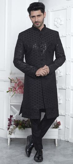 Black and Grey color Sherwani in Art Silk fabric with Embroidered, Sequence, Thread work Traditional Black Bandhgala With Chikankari Embroidery, Black Sherwani With Chikankari Embroidery, Black Bandhgala With Chikankari Embroidery Bollywood Style, Black Chikankari Embroidery Sherwani, Black Chikankari Embroidered Sherwani, Black Chikankari Embroidery Sets For Reception, Festive Black Bandhgala With Chikankari Embroidery, Black Sets With Chikankari Embroidery For Reception, Festive Black Sherwani With Chikankari Embroidery