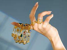 One-of-a-Kind Stacking Bracelet in 24k/22k Gold, 5-Stone from the Elements Collection, with Tanzanite Sapphire And Pearl, Gold Bangle Bracelets, Opal Gifts, Bracelet Size Chart, Designer Bracelets, Handmade Fine Jewelry, Stacked Bangles, Hammered Gold, Gold Bangle