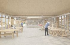 an artist's rendering of the interior of a building with wooden tables and benches