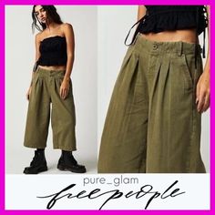 a woman in black top and khaki pants with text overlay that reads pure glam free people