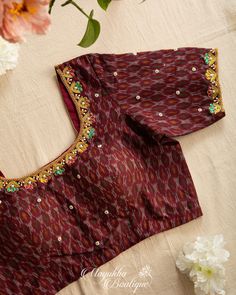 "❤️❤️ Give a New Look to all your Old Silk Sarees ❤️❤️ For the First time ever, we're bringing only blouses to our Patrons as we have a Huge requests for our Blouses. Deep Maroon Pure Ikkat Sico blouse with zardosi embroidery over the blouse with regular U shaped back neck. Universal blouse !! Very apt for almost all your- Beige, White, Green, Yellow, Black, Blue, Purple Shades of Silk or Gorgette or Mysore silk sarees. All the blouses are true to its size and fits absolutely well. The fit, stit Ikkat Blouse Work Designs, Cotton Silk Blouse For Reception And Festivals, Anarkali Cotton Silk Top For Festive Occasion, Festive Anarkali Cotton Silk Top, Festive Multicolor Embroidered Motif Blouse, Festive Embroidered Top With Multicolor Motifs, Fitted Tops With Multicolor Embroidery For Designer Wear, Festive Fitted Cotton Silk Embroidered Fabric, Festive Embroidered Fitted Cotton Silk Fabric