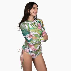 Women's Ruched Sides Long Sleeve Swimsuit Set Hawaiian Floral Print, Sleeve Swimsuit, Vintage Tropical, Rashguard Swimsuit, Long Sleeve Swimsuit, Swimsuit Set, Swimsuit Fashion, Tropical Floral, Swim Bottoms