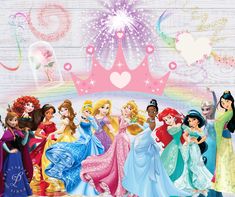 there are many princesses standing together in front of a wooden wall with hearts and fireworks