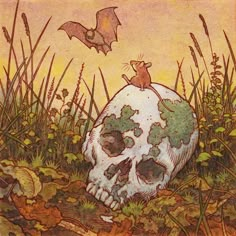 a drawing of a mouse sitting on top of a skull in the middle of grass